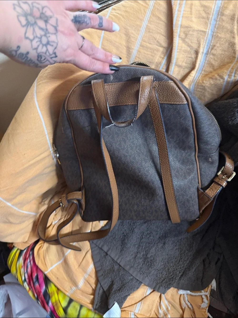 Michael Kors Brown MK Monogram Backpack with Gold Hardware